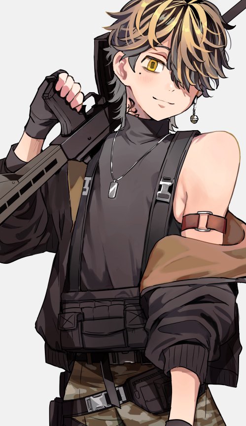 1boy assault_rifle bell belt black_gloves black_hair black_jacket black_shirt blonde_hair brown_pants closed_mouth cowboy_shot dog_tags earrings fingerless_gloves gloves gun hanemiya_kazutora holding holding_gun holding_weapon jacket jewelry long_sleeves looking_at_viewer male_focus medium_hair mole mole_under_eye multicolored_hair neck_tattoo necklace off_shoulder over_shoulder pants rifle shirt simple_background single_earring sleeveless smile solo standing tattoo tokyo_revengers tonshi two-tone_hair weapon weapon_over_shoulder white_background yellow_eyes