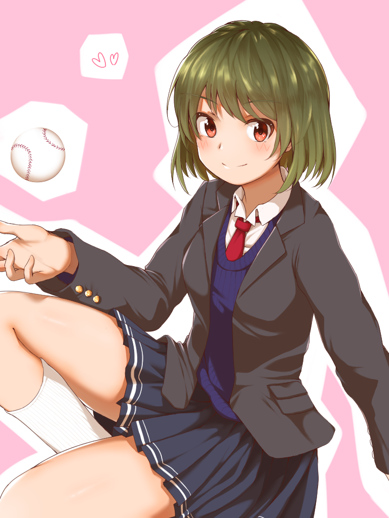 1girl baseball black_jacket blazer blue_skirt blue_sweater_vest blush bob_cut breasts closed_mouth commentary dress_shirt feet_out_of_frame green_hair heart idolmaster idolmaster_million_live! idolmaster_million_live!_theater_days jacket knee_up looking_at_viewer nagayoshi_subaru necktie open_clothes open_jacket pink_background pleated_skirt red_eyes red_necktie ribbed_socks ribbed_sweater school_uniform shirt short_hair sitting skirt small_breasts smile socks solo sweater sweater_vest white_background white_shirt white_socks yuki_p