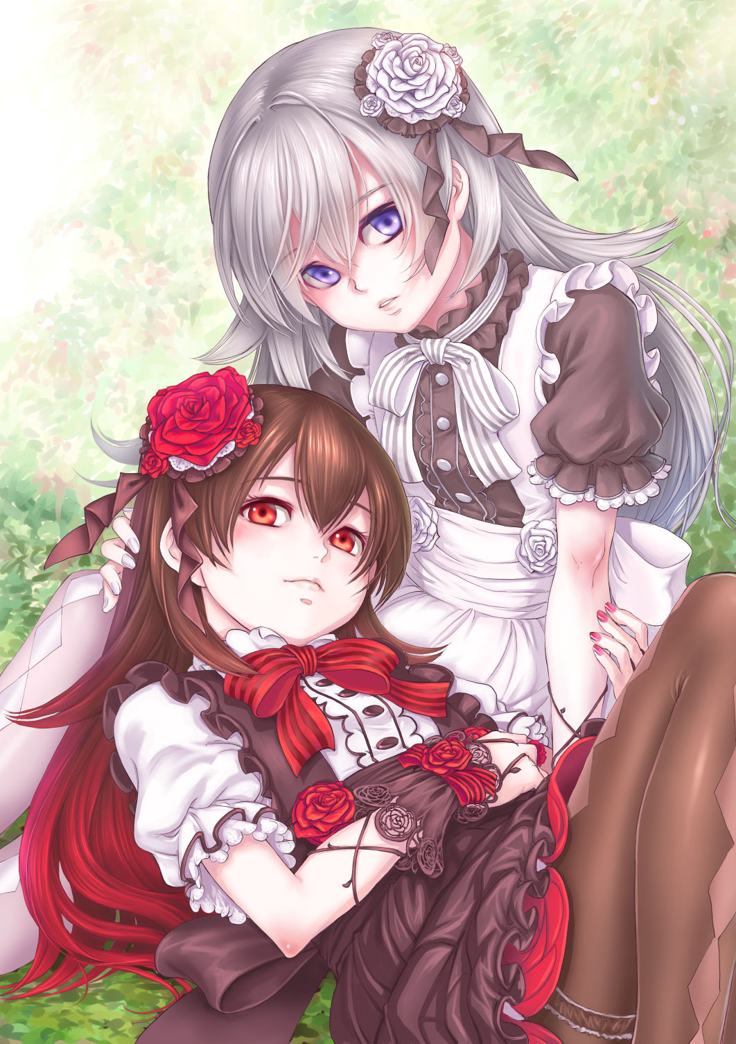 2girls blush bow flower grimm's_fairy_tales hair_flower hair_ornament highres kosai_takayuki looking_at_viewer lying multiple_girls nail_polish on_back open_mouth pantyhose puffy_short_sleeves puffy_sleeves red_bow red_flower red_nails red_ribbon red_rose revision ribbon rose rose-red_(snow-white_and_rose-red) short_sleeves sitting smile snow-white_(snow-white_and_rose-red) snow-white_and_rose-red teeth violet_eyes white_flower white_rose