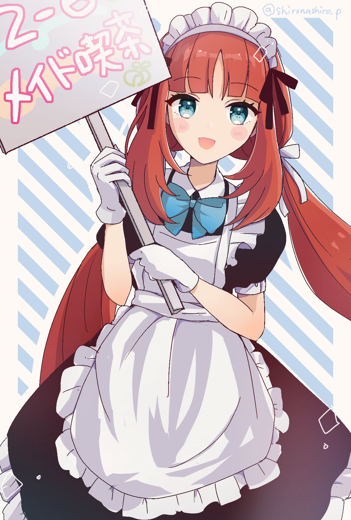 1girl :d alternate_costume apron black_dress blue_bow blue_bowtie blue_eyes bow bowtie commentary_request dress frills genshin_impact gloves highres holding holding_sign light_blush long_hair maid_apron maid_day maid_headdress nilou_(genshin_impact) open_mouth puffy_short_sleeves puffy_sleeves redhead shironashiro_p short_sleeves sign smile solo translation_request very_long_hair white_gloves