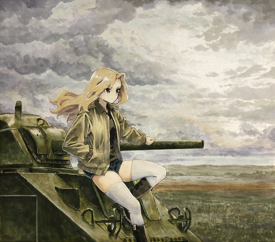 black_shirt blonde_hair boots clouds cloudy_sky denim denim_shorts girls_und_panzer hair_intakes hand_in_pocket jacket kay_(girls_und_panzer) long_hair m4_sherman military military_vehicle motor_vehicle on_vehicle open_clothes open_jacket shiratama_(hockey) shirt short_shorts shorts sky solo tank thigh-highs white_thighhighs zettai_ryouiki