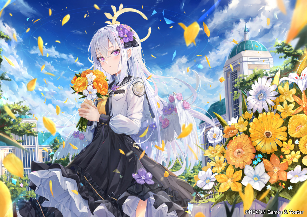 1girl angel_wings azusa_(blue_archive) black_dress black_ribbon black_sailor_collar blue_archive bouquet bow closed_mouth dress feathered_wings flower hair_between_eyes hair_flower hair_ornament hair_ribbon halo holding holding_bouquet long_hair long_sleeves looking_at_viewer na_kyo official_art petals purple_bow ribbon sailor_collar shirt solo standing violet_eyes white_shirt white_wings wings