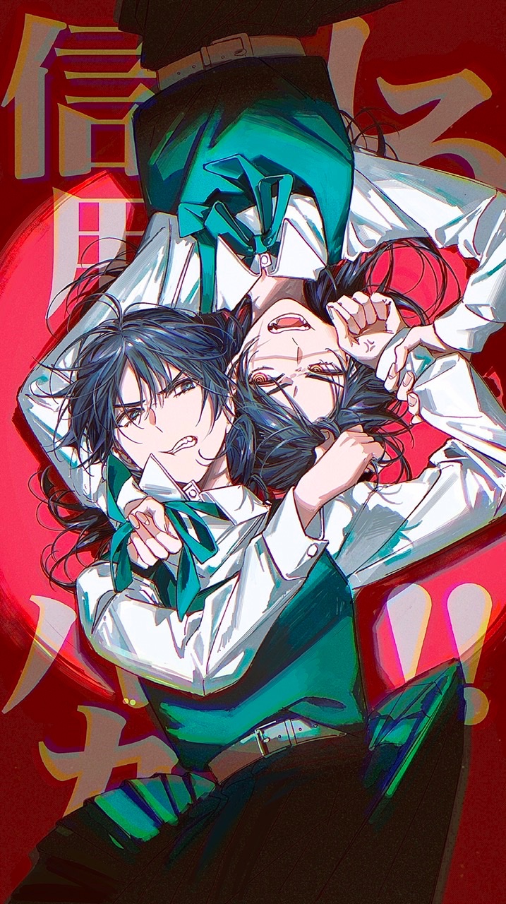 2_blankk 2girls arguing black_hair chainsaw_man cheek-to-cheek cross_scar dress fourth_east_high_school_uniform heads_together highres long_hair looking_at_another mitaka_asa multiple_girls on_floor open_mouth parted_lips pinafore_dress ringed_eyes scar scar_on_cheek scar_on_face school_uniform sleeveless sleeveless_dress smile spotlight yellow_eyes yoru_(chainsaw_man)