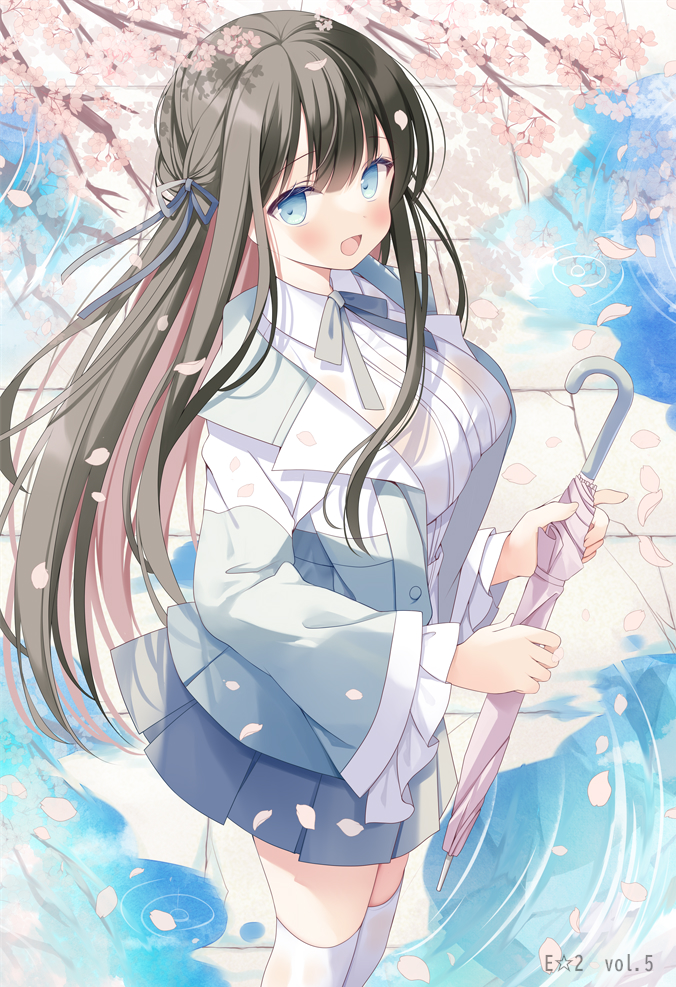 1girl :d blue_eyes blue_ribbon blue_skirt blush branch breasts brown_hair cherry_blossoms collared_shirt commentary_request dot_nose falling_petals frilled_sleeves frills from_above grey_jacket grey_ribbon hair_ribbon holding holding_umbrella hoshino_koucha jacket light_blush long_hair looking_at_viewer medium_breasts multicolored_clothes multicolored_jacket neck_ribbon open_clothes open_jacket original outdoors petals pleated_skirt puddle ribbon school_uniform see-through shirt skirt smile standing umbrella uniform wet wet_clothes white_jacket white_shirt wide_sleeves zettai_ryouiki