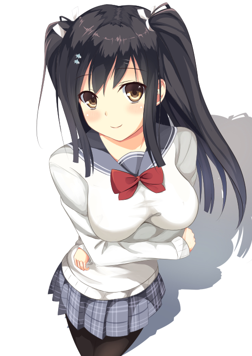 1girl arm_under_breasts black_hair black_pantyhose blush bow breasts brown_eyes clip_studio_paint_(medium) closed_mouth commentary_request cowboy_shot crossed_arms foreshortening grey_sailor_collar grey_skirt hair_between_eyes hair_ribbon hatsu_(first_snow) head_tilt large_breasts long_hair long_sleeves looking_at_viewer miniskirt pantyhose plaid plaid_skirt pleated_skirt red_bow ribbon sailor_collar sanoba_witch school_uniform sidelocks simple_background skirt smile solo standing sweater togakushi_touko twintails white_background white_ribbon white_sweater