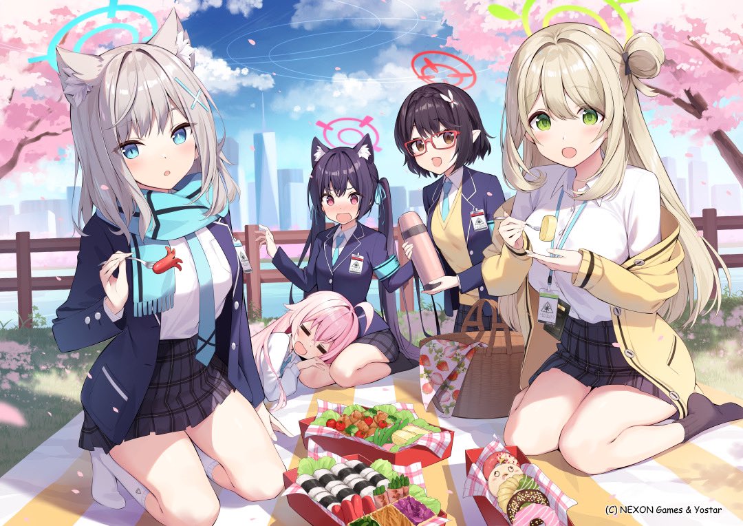 5girls animal_ears ayane_(blue_archive) bento black_hair black_socks blue_archive blue_eyes cat_ears closed_eyes foreclosure_task_force_(blue_archive) fork green_hair grey_hair halo holding holding_fork hoshino_(blue_archive) kneehighs kneeling looking_at_viewer mismatched_pupils multiple_girls no_shoes nonomi_(blue_archive) official_art open_mouth oryo_(oryo04) pink_hair pointy_ears purple_hair red_eyes seiza serika_(blue_archive) shiroko_(blue_archive) sitting socks thighs wariza white_socks wolf_ears yellow_eyes