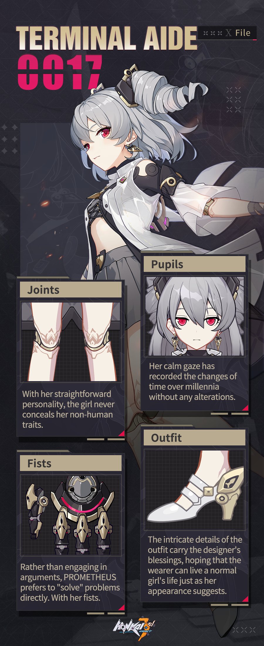 1girl breasts doll_joints drill_hair english_commentary english_text grey_hair high_heels highres honkai_(series) honkai_impact_3rd joints miniskirt official_art open_clothes open_shirt prometheus_(honkai_impact) promotional_art red_eyes short_hair skirt small_breasts