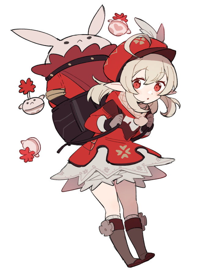 1girl :o ahoge backpack bag blonde_hair brown_gloves clover_print coat do_m_kaeru genshin_impact gloves hair_between_eyes hat hat_feather jumpy_dumpty klee_(genshin_impact) long_sleeves looking_at_viewer low_twintails open_mouth pointy_ears red_coat red_eyes red_headwear sidelocks solo twintails