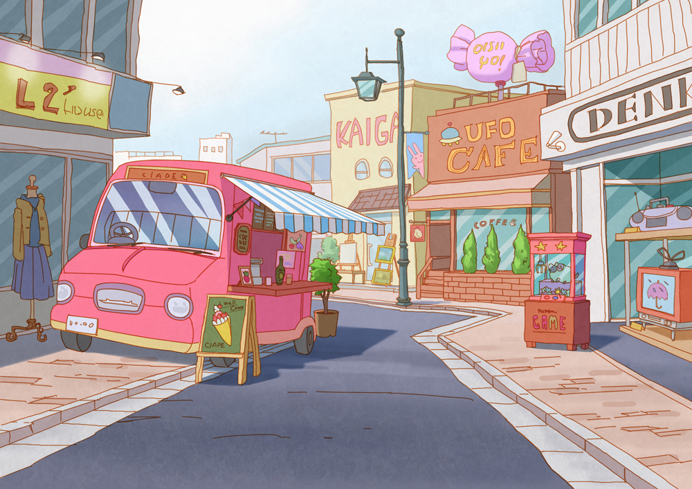 bottle building car_seat chisagogo2 clothes counter food grey_sky hedge ice_cream lamppost license_plate motor_vehicle no_humans original road scenery shadow shop sign sky steering_wheel sunlight van wheel