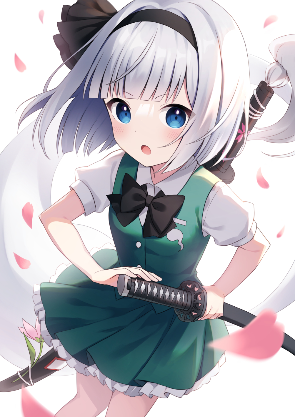 1girl black_bow black_bowtie black_hairband black_ribbon blue_eyes blunt_bangs blush bow bowtie breasts buttons collared_shirt commentary_request floral_print flower frills ghost ghost_print green_skirt green_vest grey_hair hairband hands_up highres hitodama hitodama_print holding holding_sword holding_weapon katana konpaku_youmu konpaku_youmu_(ghost) looking_at_viewer medium_breasts open_mouth petals pink_flower puffy_short_sleeves puffy_sleeves ribbon shirt short_hair short_sleeves simple_background skirt skirt_set solo standing suzuno_naru sword tongue touhou v-shaped_eyebrows vest weapon white_background white_shirt