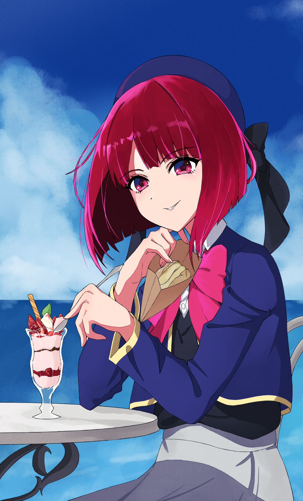 1girl arima_kana beret black_bow black_vest blue_headwear blue_jacket bob_cut bow bowtie collared_shirt commentary cropped_jacket english_commentary food grey_skirt hat hat_bow highres holding holding_spoon honey_boba ice_cream ice_cream_cup ice_cream_spoon inverted_bob jacket long_sleeves looking_at_viewer mixed-language_commentary oshi_no_ko parted_lips pink_bow pink_bowtie red_eyes redhead school_uniform shirt short_hair sitting skirt sky smile solo spoon vest white_shirt youtou_high_school_uniform