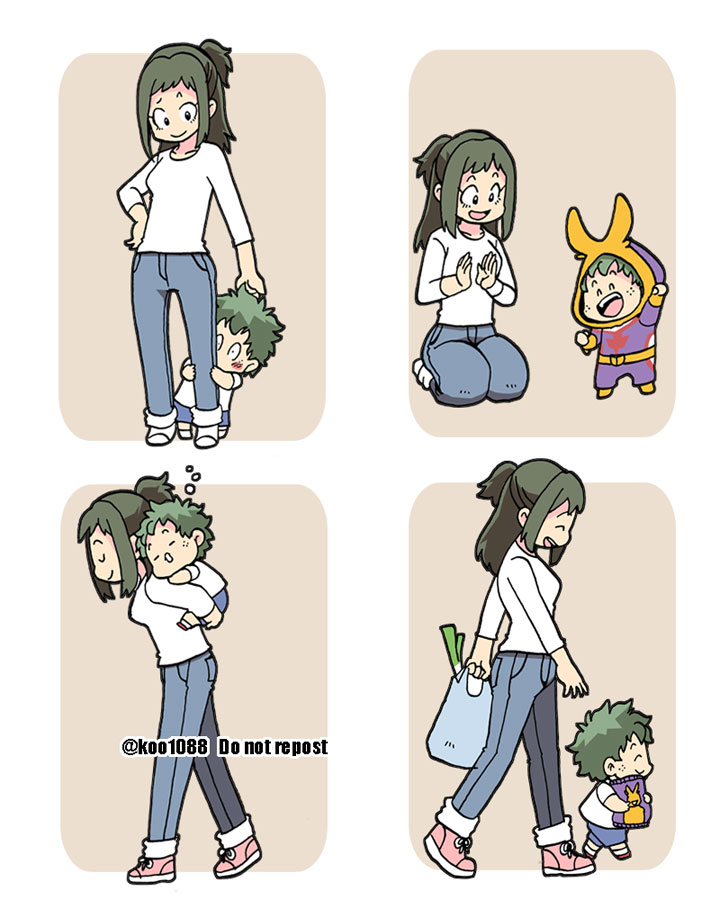 1boy 1girl aged_down all_might all_might_(cosplay) bag boku_no_hero_academia breasts carrying child closed_eyes closed_mouth commentary_request cosplay denim freckles full_body green_hair hood hood_up jeans kneeling koo1088 long_hair long_sleeves looking_at_another male_child midoriya_inko midoriya_izuku mother_and_son open_mouth pants piggyback ponytail shirt shoes shopping_bag short_hair simple_background sleeping smile standing walking white_shirt