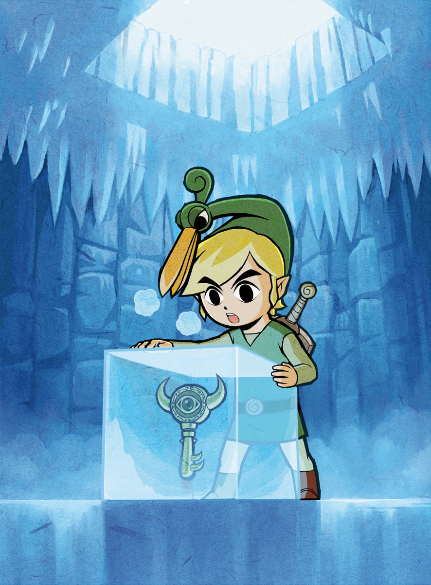1boy belt blonde_hair brown_belt ezlo green_headwear green_tunic highres ice ice_cube indoors key link official_art open_mouth pointy_ears short_hair solo sword sword_on_back the_legend_of_zelda the_legend_of_zelda:_the_minish_cap weapon weapon_on_back