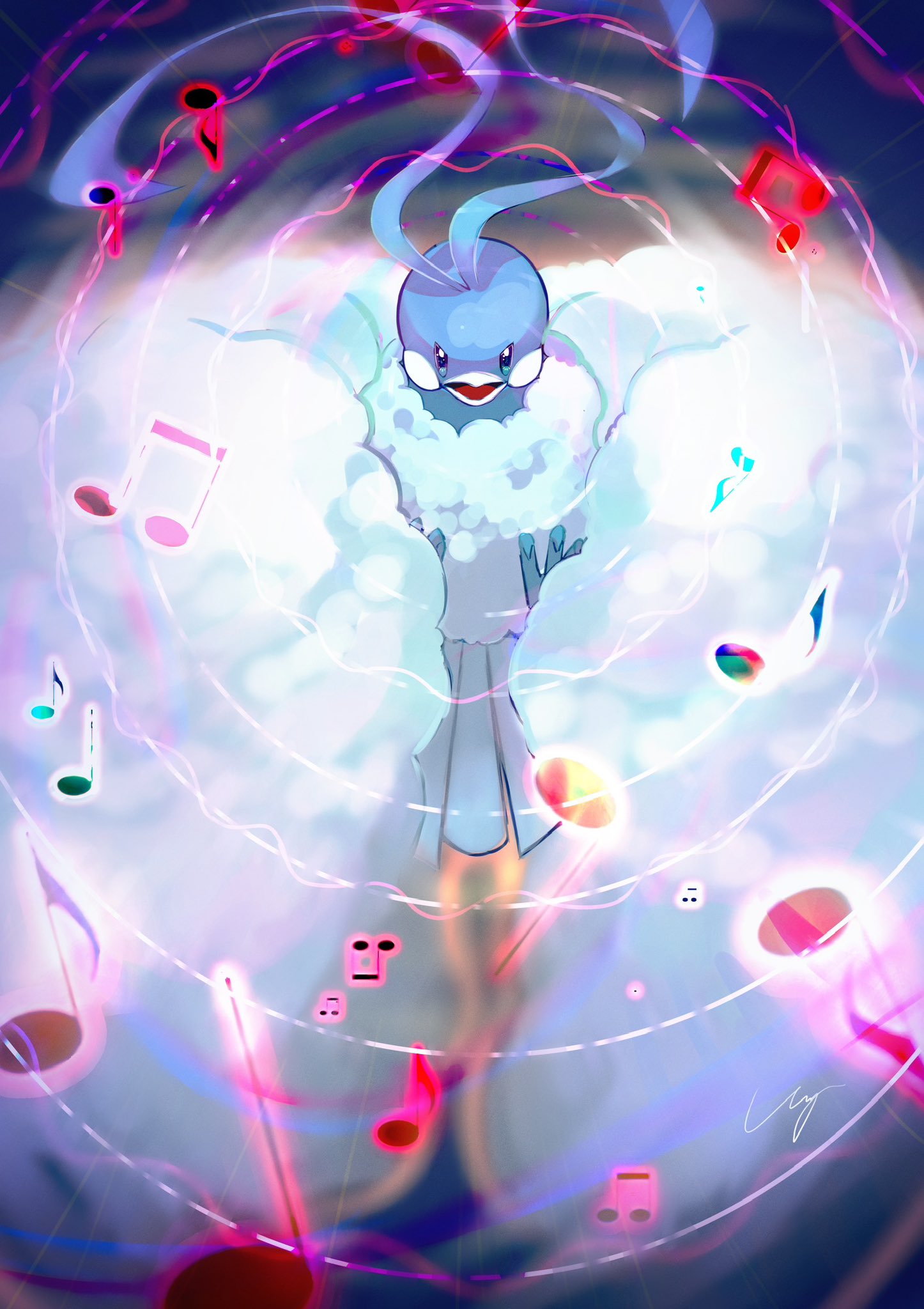 altaria animal_focus bird blurry commentary_request fluffy highres music musical_note no_humans open_mouth pokemon pokemon_(creature) signature singing solo talons uyumaru_art