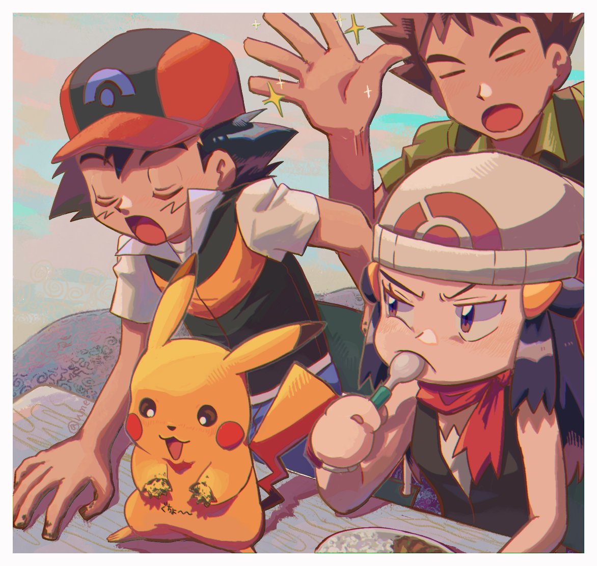 1girl 2boys ash_ketchum black_hair blue_hair brock_(pokemon) brown_hair clean closed_eyes commentary_request curry curry_rice eating food food_on_hand getting_up hat hikari_(pokemon) looking_at_another multiple_boys multiple_girls pikachu pokemon pokemon_(anime) pokemon_(creature) rice short_hair sitting sparkle table umebosibakari2 utensil_in_mouth whiskers