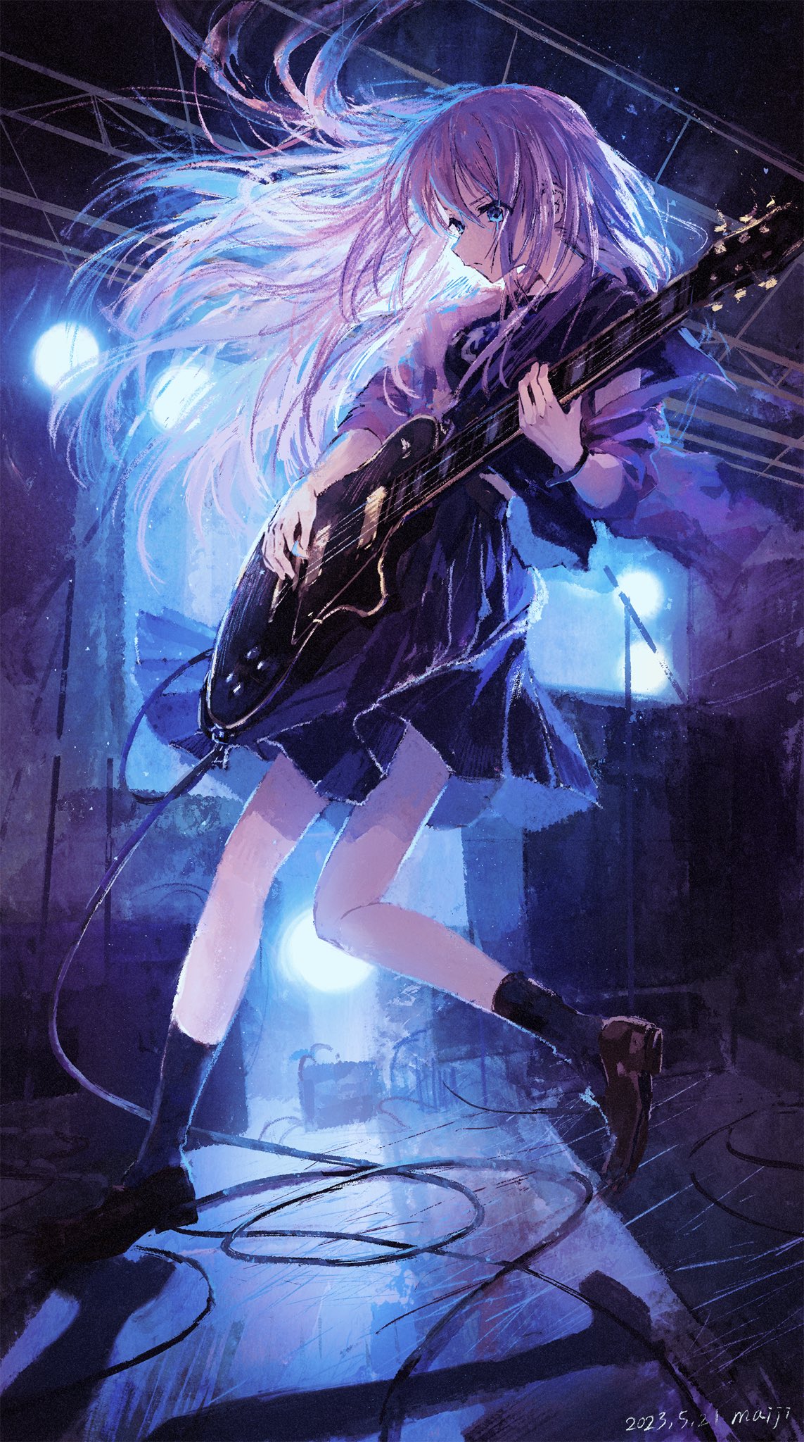 1girl backlighting black_skirt black_socks blue_eyes bocchi_the_rock! cable dated electric_guitar gotou_hitori guitar highres holding holding_instrument hood hoodie instrument jumping maij music pink_hair pink_hoodie playing_instrument pleated_skirt shoes signature skirt socks solo stage_lights