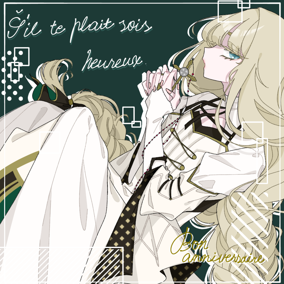 1boy androgynous bishounen blonde_hair blue_eyes cross cross_necklace eyelashes facing_to_the_side french_text green_background holding holding_cross jacket jewelry kn_riru long_sleeves looking_at_viewer lucas_proust male_focus multicolored_background necklace shuuen_no_virche solo white_background white_jacket