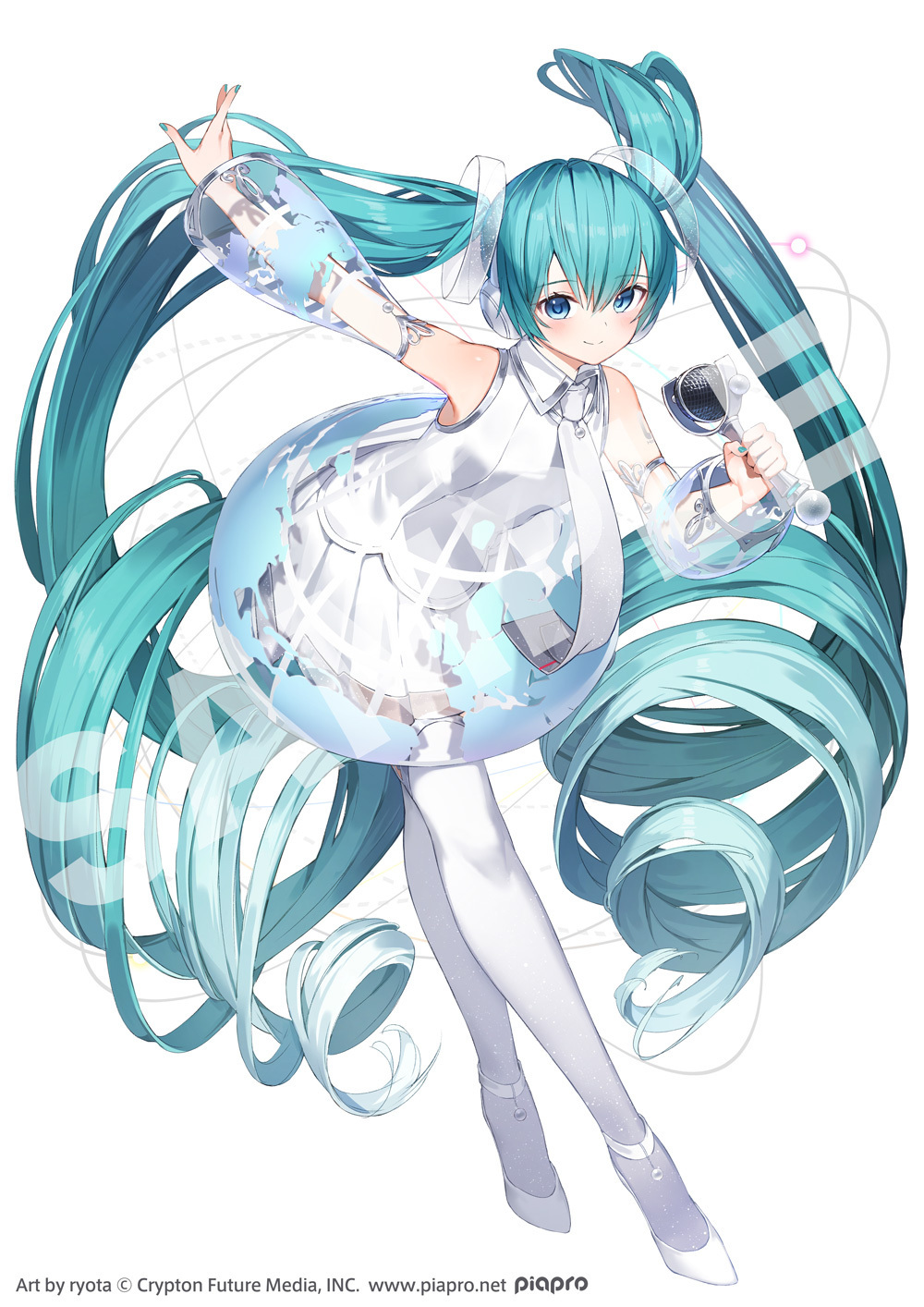 absurdly_long_hair aqua_hair arm_up artist_name blue_eyes blush copyright_name crypton_future_media detached_sleeves hatsune_miku hatsune_miku_expo highres holding holding_microphone long_hair looking_at_viewer microphone piapro ryota_(ry_o_ta) sample_watermark second-party_source shadow shirt simple_background sleeveless sleeveless_shirt smile thigh-highs twintails very_long_hair vocaloid web_address white_background white_shirt white_thighhighs