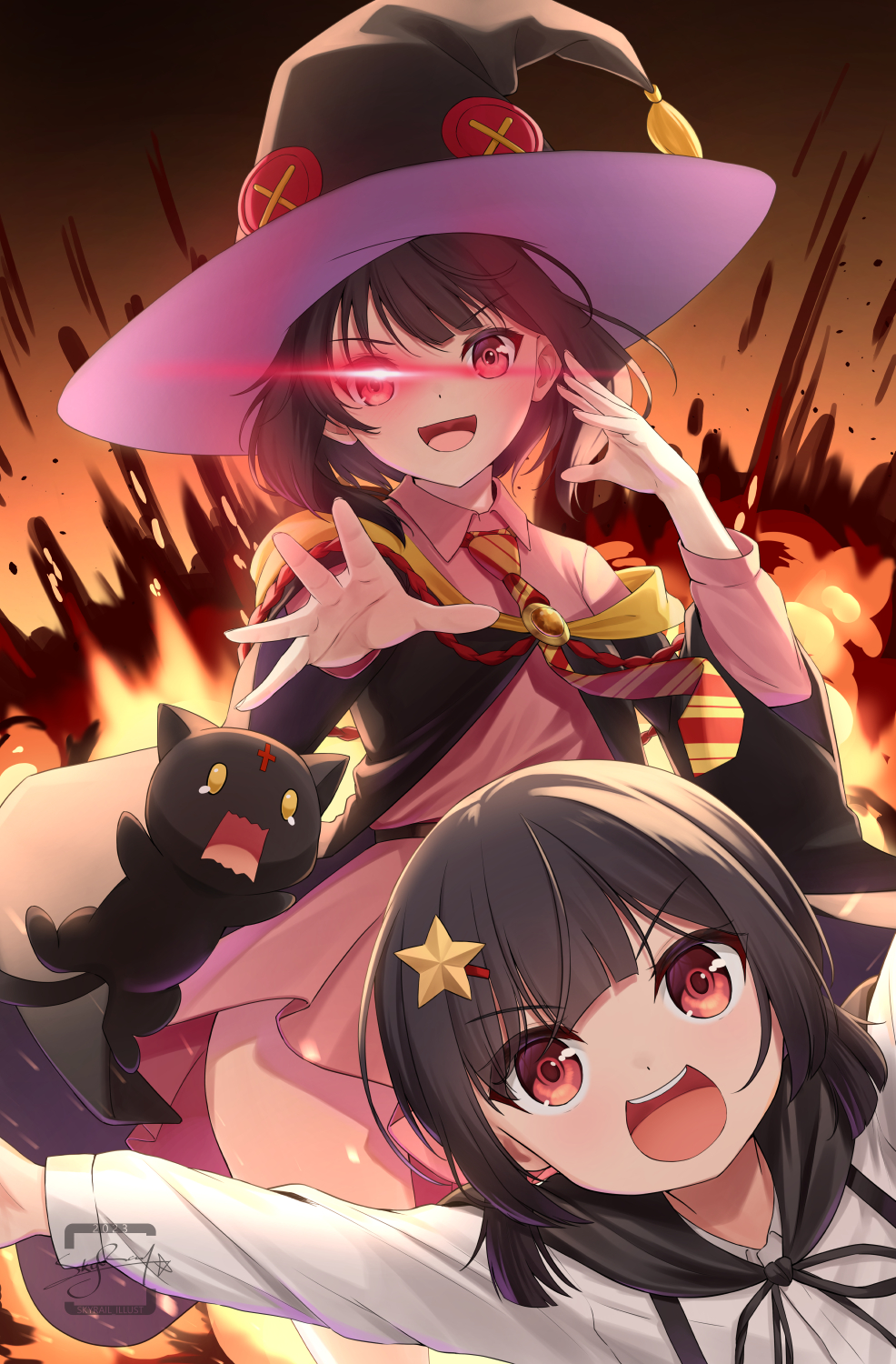 2girls :d age_difference artist_name belt black_cat black_cloak black_headwear black_ribbon bob_cut breasts brooch brown_belt brown_hair cat chomusuke cloak commentary cowboy_shot diagonal-striped_necktie dress dress_shirt excited explosion floating_clothes floating_hair glowing glowing_eye gradient_background hair_ornament hairclip hand_to_head hat height_difference highres jewelry jumping komekko kono_subarashii_sekai_ni_bakuen_wo! kono_subarashii_sekai_ni_shukufuku_wo! magic megumin multiple_girls necktie off_shoulder open_mouth orange_background outstretched_arms pink_dress reaching reaching_towards_viewer red_eyes red_necktie red_prison_magic_school_uniform ribbon school_uniform shirt short_dress short_hair short_twintails siblings signature sisters skyrail small_breasts smile spread_fingers square_mouth standing star_(symbol) star_hair_ornament suspenders tearing_up teeth twintails upper_body upper_teeth_only wavy_mouth white_shirt witch_hat yellow_eyes yellow_necktie