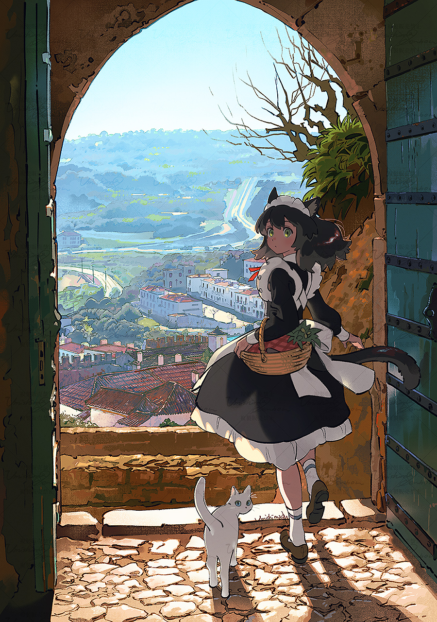 1girl animal_ears apron basket black_hair bow cat cityscape dark_skin full_body highres hill long_hair looking_at_viewer maid_headdress outdoors puffy_sleeves red_bow road rooftop solo tail town tree umishima_senbon walking