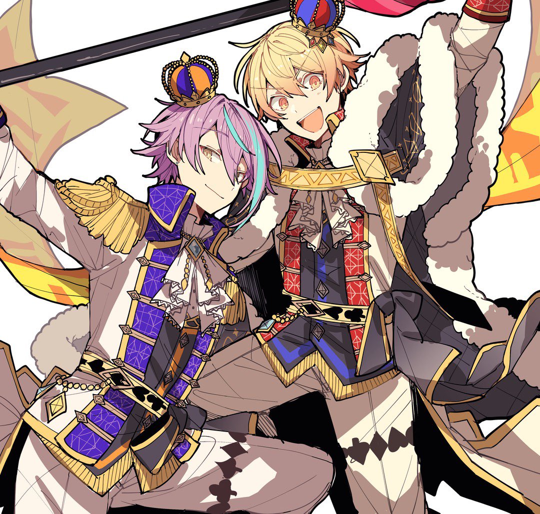 2boys :d aiguillette arm_up ascot black_cape blonde_hair blue_hair cape closed_mouth collared_jacket crown epaulettes flag fur-trimmed_cape fur_trim holding holding_flag hoshi-toge jacket kamishiro_rui long_sleeves looking_at_viewer male_focus multicolored_hair multiple_boys open_mouth pants project_sekai purple_hair smile streaked_hair tenma_tsukasa white_ascot white_jacket white_pants wonder_magical_showtime!_(project_sekai) yellow_eyes