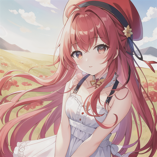 blush blushed flower flower_field flower_on_head fluffy_hair half_body long_hair looking_at_viewer medium_breasts red_eyes red_hat redhead shocked shocked_eyes short_sleeves simple_background sky sun_dress white_dress