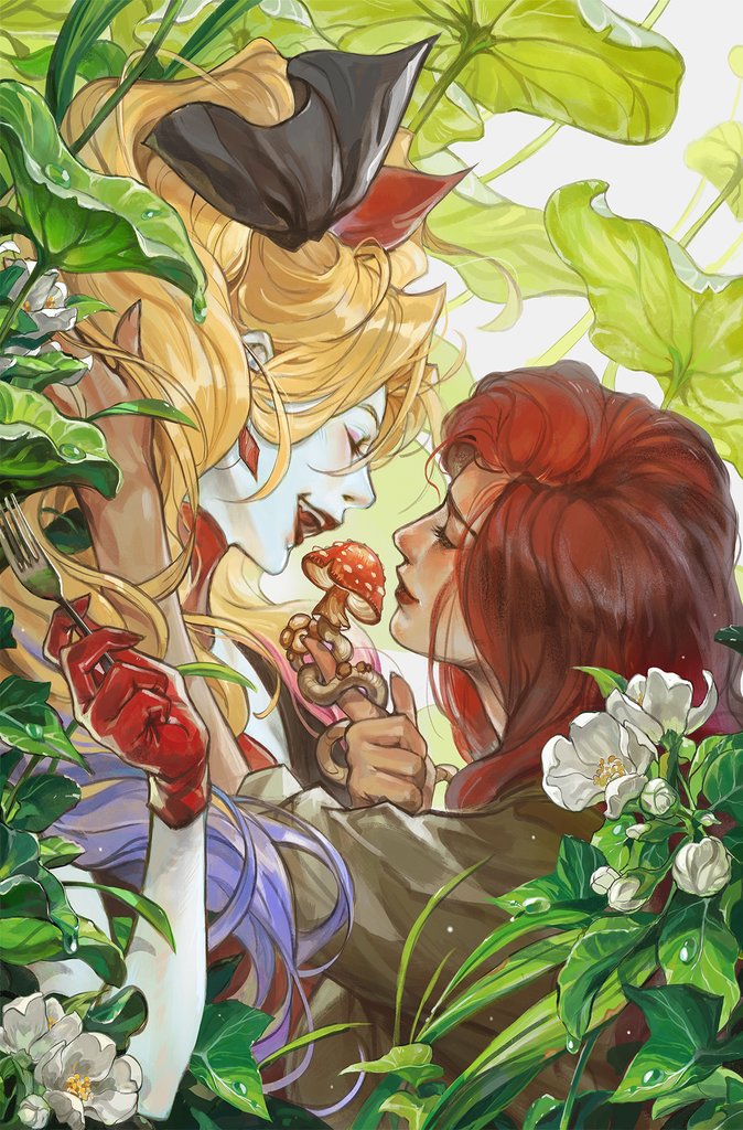2girls anireal blonde_hair bow closed_eyes dc_comics earrings flower fork from_side gloves hair_bow harley_quinn holding holding_fork jewelry leaf long_hair multiple_girls mushroom nature open_mouth plant poison_ivy red_gloves redhead teeth upper_body white_flower