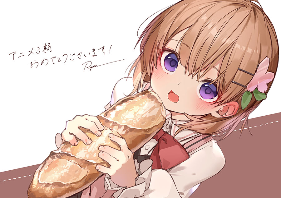 1girl artist_request baguette blush bow bowtie bread brown_hair check_artist commentary_request flower food gochuumon_wa_usagi_desu_ka? hair_ornament hairclip holding holding_food hoto_cocoa leaf long_sleeves open_mouth pink_flower red_bow red_bowtie ryota_(ry_o_ta) shirt short_hair signature solo translation_request upper_body white_background white_shirt