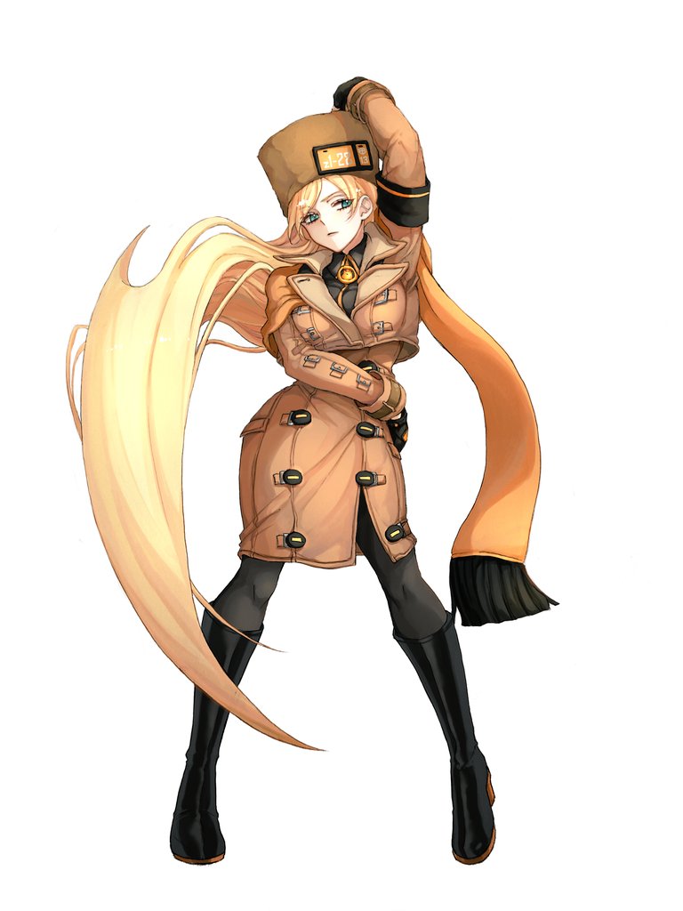 1girl absurdly_long_hair arm_scarf black_footwear black_gloves black_pantyhose blonde_hair blue_eyes brown_coat coat ebi_pri_shrimp full_body fur_hat gloves guilty_gear guilty_gear_strive hat long_hair long_sleeves looking_at_viewer millia_rage orange_headwear pantyhose prehensile_hair simple_background standing ushanka very_long_hair white_background