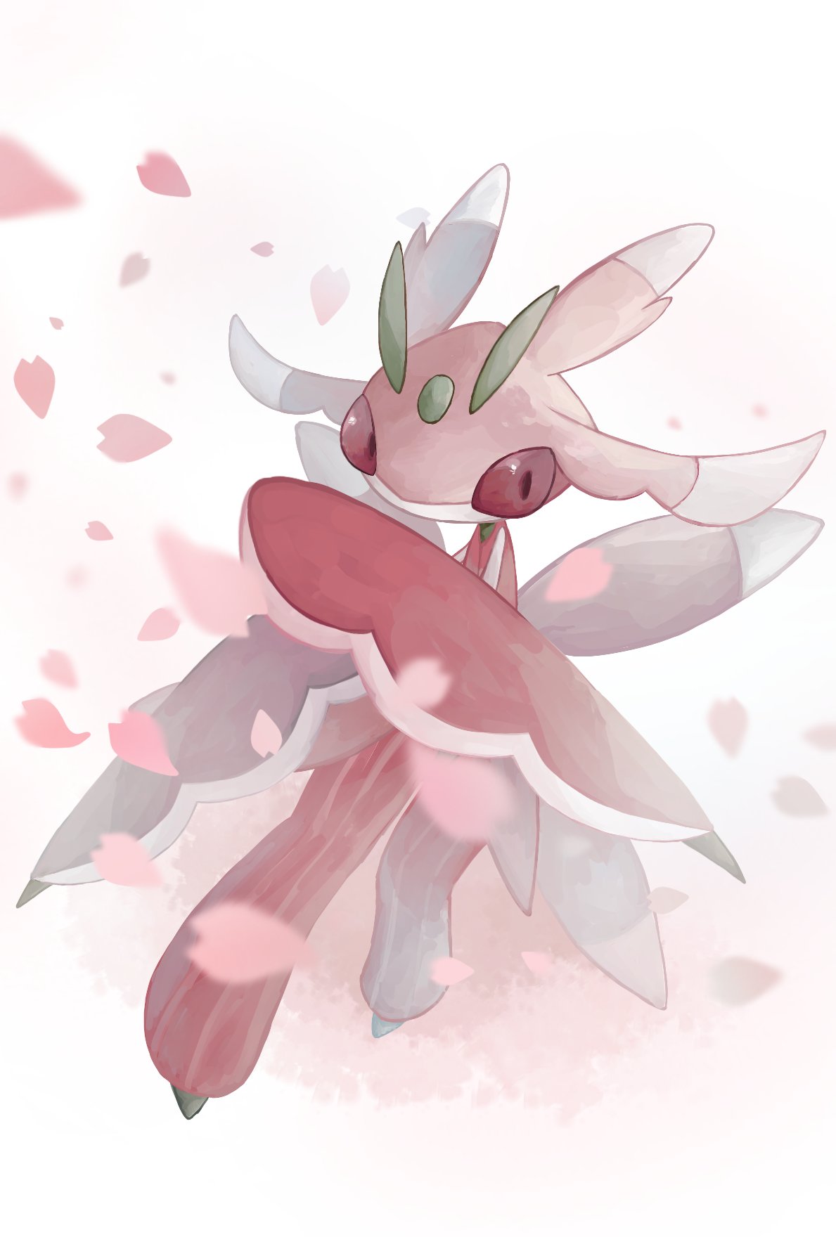 blurry blurry_foreground claws commentary_request falling_petals full_body highres lurantis no_humans petals pokemon pokemon_(creature) red_eyes solo standing wafu_pkmn white_background
