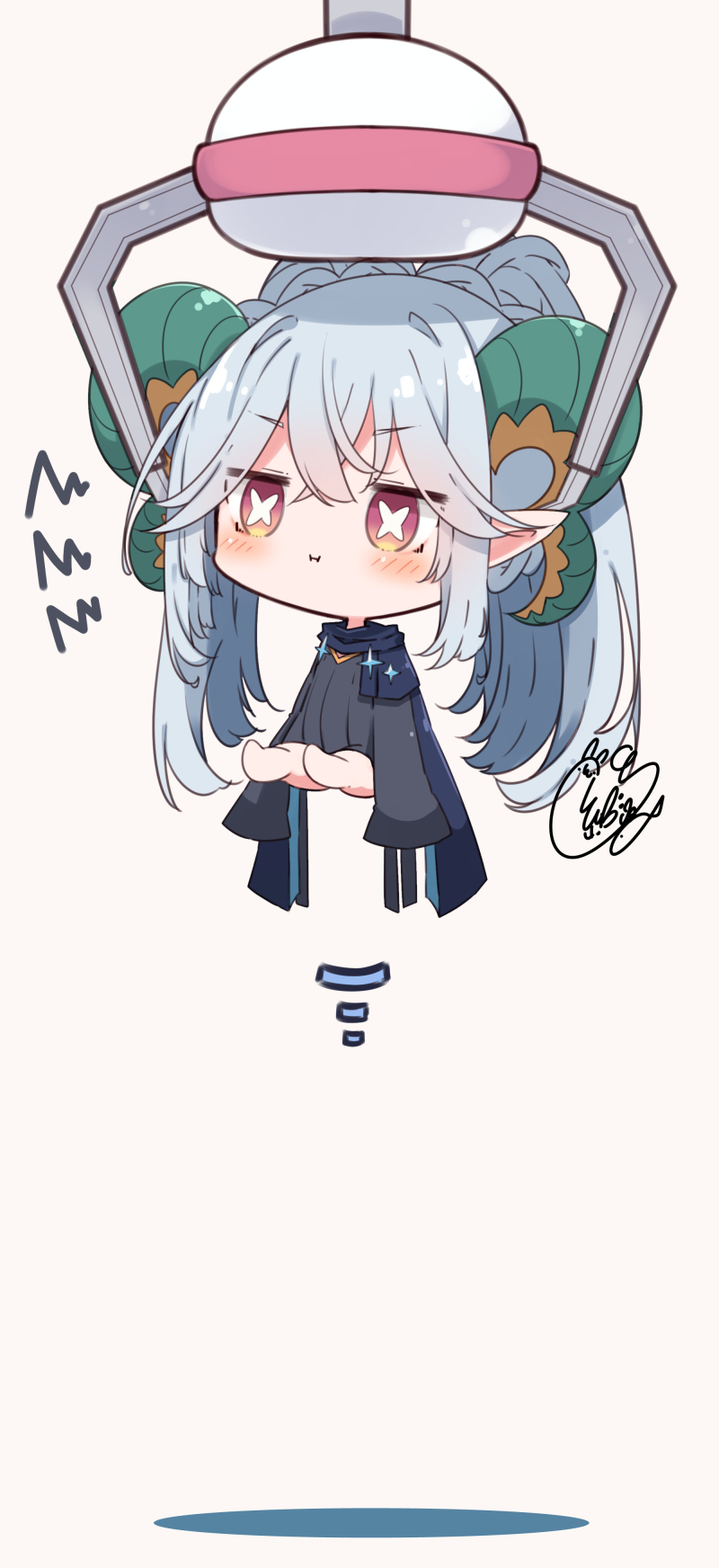 1girl :i beni_shake black_dress blue_scarf blush chibi closed_mouth commentary_request crane_game dress fate/grand_order fate_(series) grey_background grey_hair hair_between_eyes highres horns larva_tiamat_(fate) long_hair long_sleeves motion_lines pout red_eyes scarf shadow signature simple_background sleeves_past_fingers sleeves_past_wrists solo squiggle symbol-shaped_pupils tiamat_(fate) twintails very_long_hair