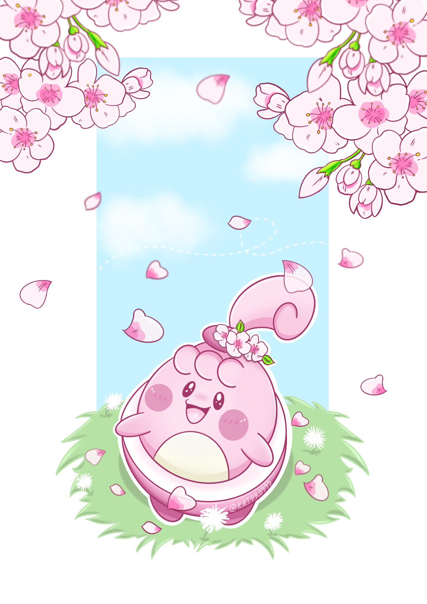 artist_name cherry_blossoms falling_petals flower grass hair_flower hair_ornament happiny highres katpro995 looking_at_viewer no_humans open_mouth petals pokemon pokemon_(creature) solo watermark white_flower