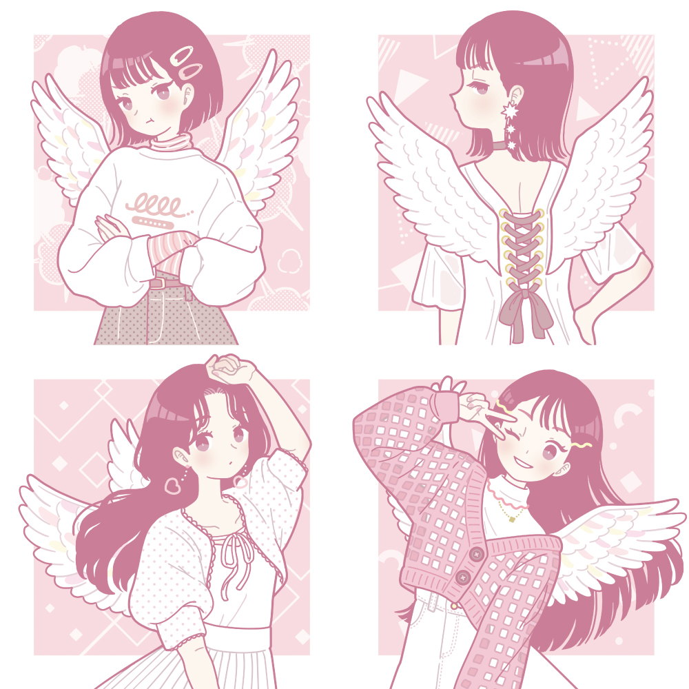 4girls black_hair blush crossed_arms dress earrings feathered_wings from_behind hair_ornament hairclip hand_on_own_hip heart heart_earrings jewelry long_hair long_sleeves monochrome multiple_girls one_eye_closed original pink_background pink_theme print_shirt shirt short_hair short_sleeves upper_body v white_dress white_shirt white_wings wings yoshimon