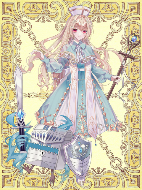 1girl astra_dewprism blonde_hair blue_dress capelet dress gold_trim holding holding_shield holding_staff holding_sword holding_weapon kerberos_blade mimic mimic_chest official_art shield solo staff standing sword weapon yellow_background