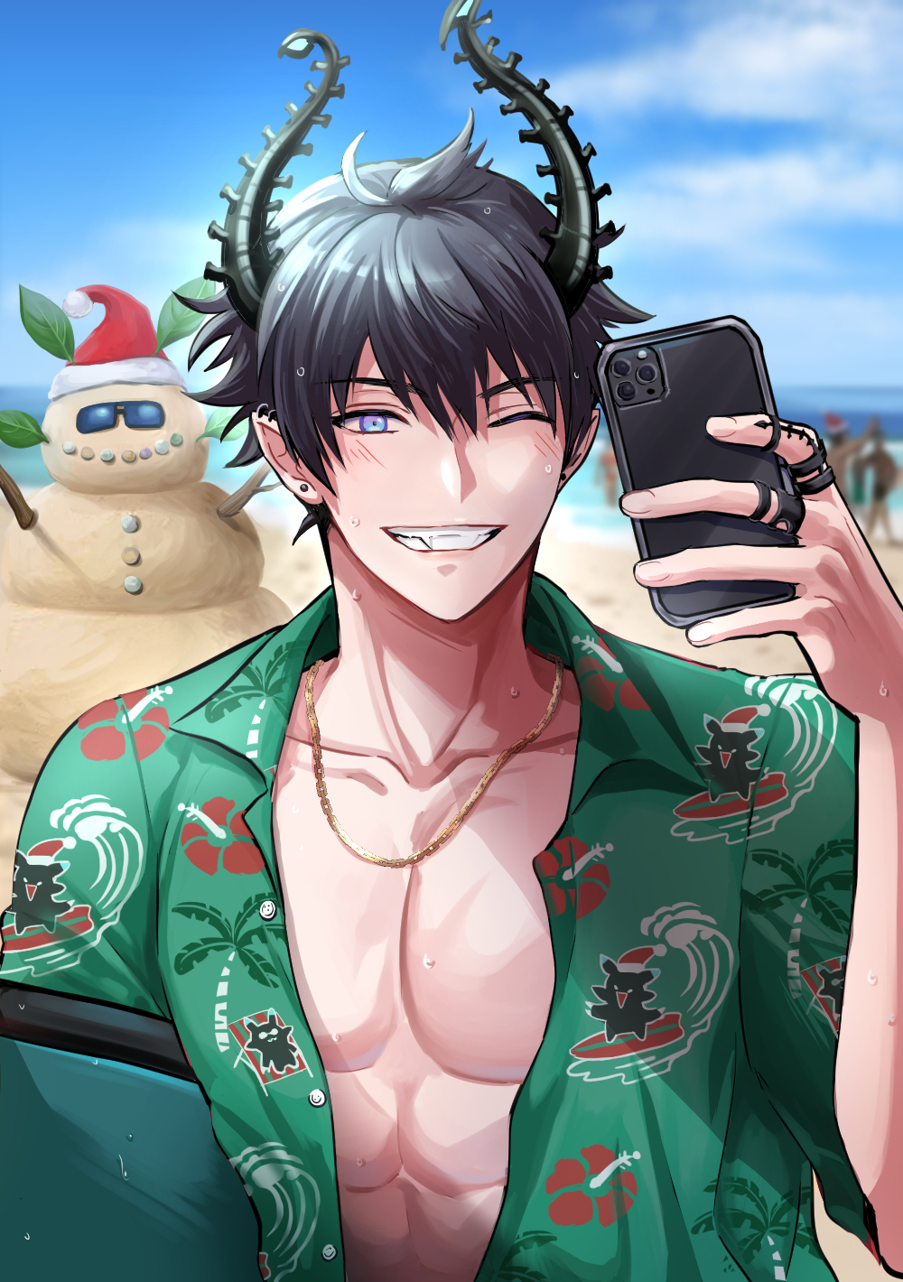 1boy 3others beach black_hair black_horns blue_eyes blue_sky blurry blurry_background blush buttons cellphone chain_necklace clouds collarbone collared_shirt commentary day ear_piercing earrings english_commentary fang floral_print gold_necklace green_shirt grin hair_between_eyes hand_up hibiscus_print highres holding holding_phone horns jewelry looking_at_viewer male_focus multiple_others necklace nijisanji nijisanji_en ocean one_eye_closed open_clothes open_shirt outdoors palm_tree_print pectorals phone piercing pointy_ears ren_zotto ring sand sand_sculpture shirt short_hair short_sleeves sky smartphone smile solo_focus teeth upper_body virtual_youtuber water wet wet_hair wing_collar yumi_(yumimi2434)