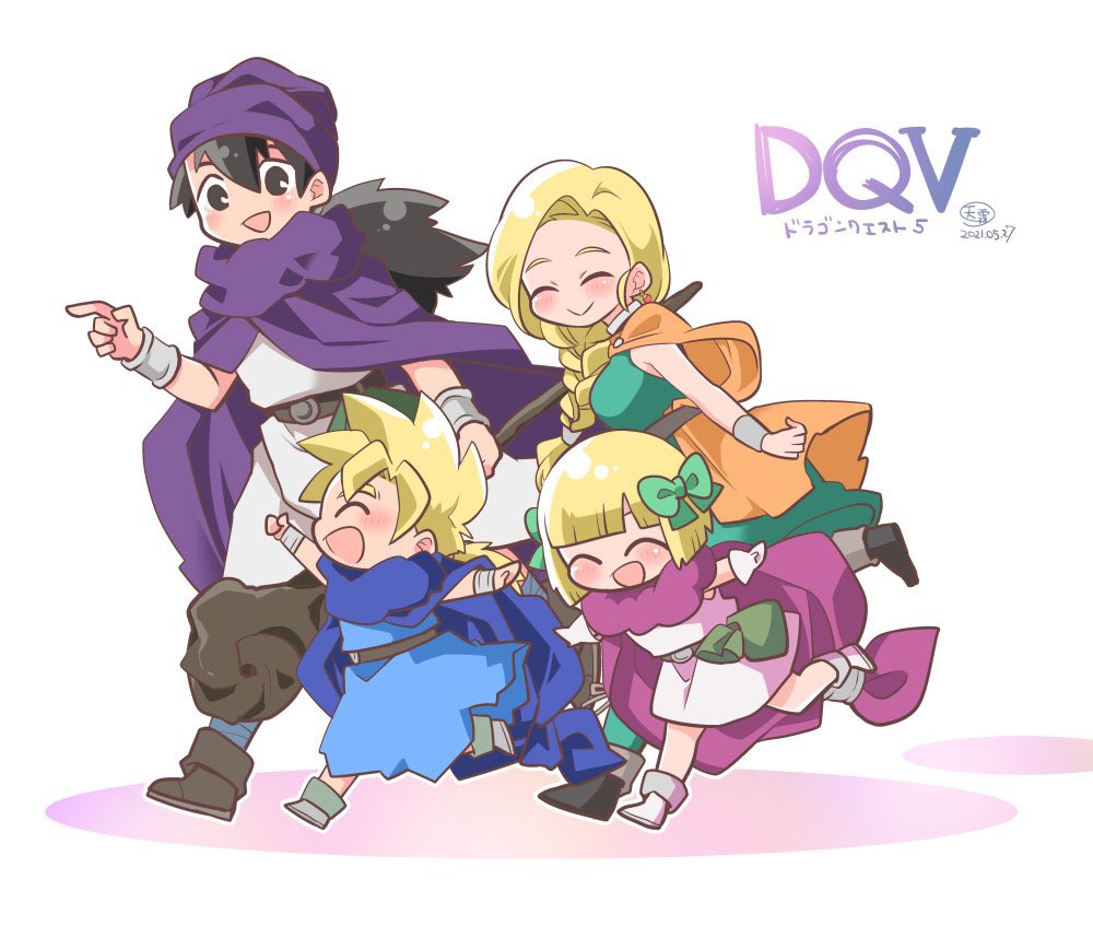 2boys 2girls amagiri_dia belt bianca_(dq5) black_eyes black_hair blonde_hair blue_cloak blue_tunic blunt_bangs blush boots bow bracelet braid breasts cape cloak closed_eyes closed_mouth commentary_request dated dragon_quest dragon_quest_v dress earrings family father_and_daughter father_and_son female_child full_body gloves green_bow green_dress hair_behind_ear hair_bow happy hero's_daughter_(dq5) hero's_son_(dq5) hero_(dq5) holding holding_staff husband_and_wife jewelry large_breasts long_hair low_ponytail male_child mother_and_daughter mother_and_son multiple_boys multiple_girls neck_ring open_mouth orange_cape pink_cloak pink_dress pointing pointing_forward purple_cloak purple_headwear running short_hair single_braid sleeveless sleeveless_dress smile spiky_hair staff turban white_background white_gloves white_tunic