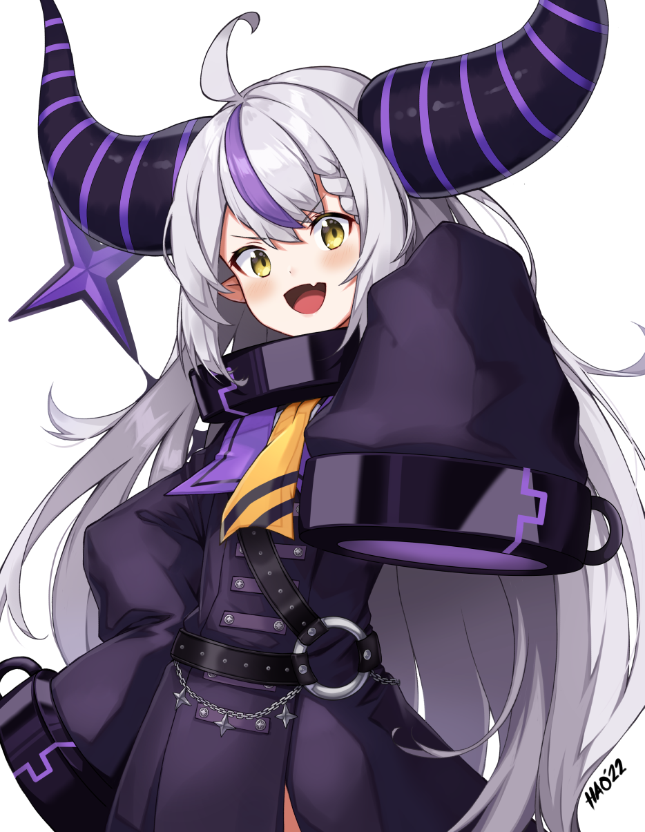 1girl :d ahoge black_coat black_horns braid braided_bangs coat collar commentary demon_horns double-parted_bangs english_commentary fang grey_hair hand_on_own_hip hao1190 highres hololive horns la+_darknesss la+_darknesss_(1st_costume) long_hair looking_at_viewer metal_collar multicolored_hair pointy_ears purple_coat purple_hair skin_fang sleeves_past_fingers sleeves_past_wrists smile smug solo streaked_hair striped_horns trench_coat v-shaped_eyebrows very_long_hair virtual_youtuber yellow_eyes