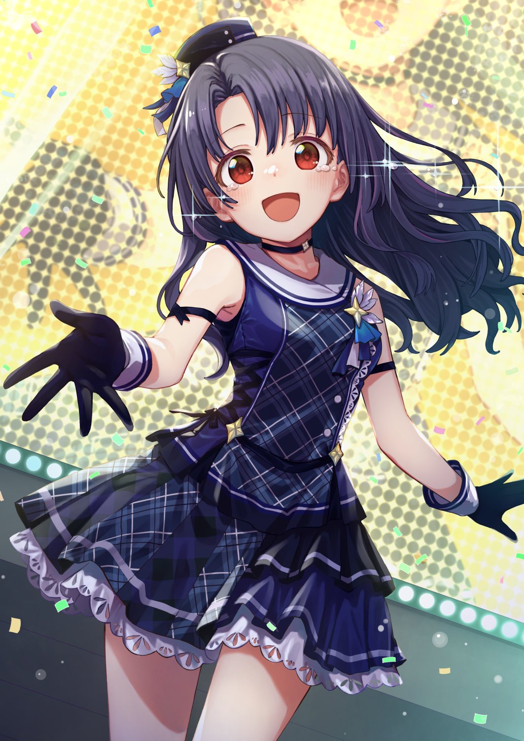 1girl aishima_marota arm_ribbon black_choker black_gloves black_hair black_ribbon blue_dress blue_ribbon blush breasts choker collarbone confetti cowboy_shot dot_nose dress frilled_dress frills gloves hat hat_feather hat_ribbon highres idolmaster idolmaster_million_live! idolmaster_million_live!_theater_days long_hair looking_at_viewer medium_breasts mini_hat open_hand open_mouth outstretched_arms plaid plaid_dress reaching reaching_towards_viewer red_eyes ribbon screen sleeveless sleeveless_dress smile solo stage_lights star_(symbol) takayama_sayoko teardrop