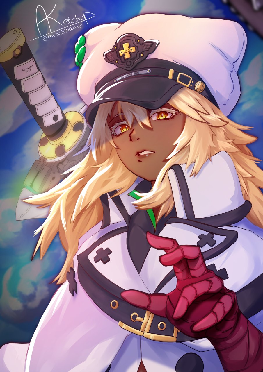 1girl bandaged_arm bandages blonde_hair clover dark-skinned_female dark_skin floating floating_object floating_sword floating_weapon four-leaf_clover guilty_gear guilty_gear_strive highres long_hair looking_at_viewer meashketchup orange_eyes parted_lips ramlethal_valentine sword upper_body weapon white_headwear