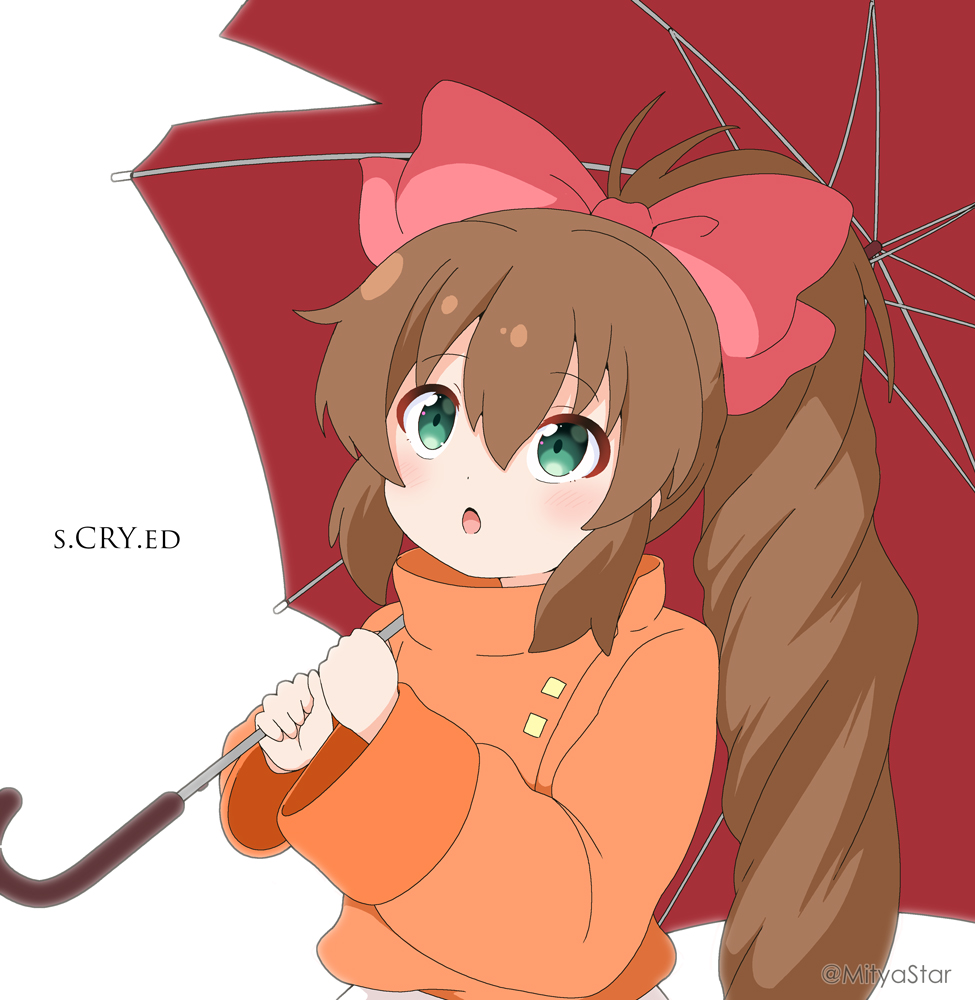 1girl bow brown_hair commentary_request copyright_name green_eyes hair_between_eyes hair_bow holding holding_umbrella long_hair long_sleeves mitya orange_shirt parted_lips pink_bow ponytail red_umbrella scryed shirt simple_background skirt solo twitter_username umbrella very_long_hair white_background white_skirt wide_sleeves yuuta_kanami