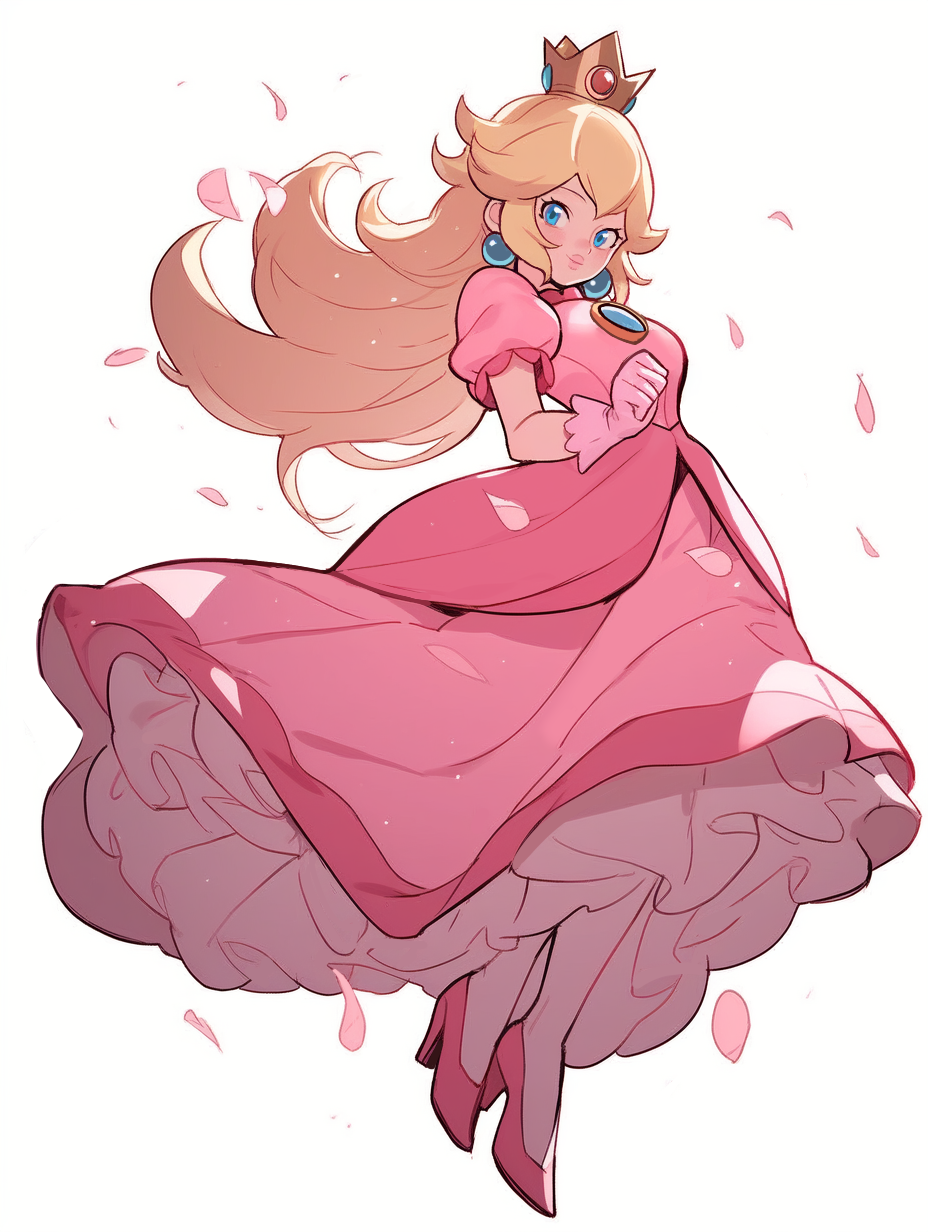 1girl blonde_hair blue_eyes blue_gemstone breasts brooch cherry_blossoms clenched_hand closed_mouth crown dress earrings eyelashes full_body gem gloves hand_up high_heels highres jewelry long_dress long_hair looking_at_viewer medium_breasts meowersnow pink_dress pink_footwear princess princess_peach puffy_short_sleeves puffy_sleeves short_sleeves simple_background smile solo super_mario_bros. white_background