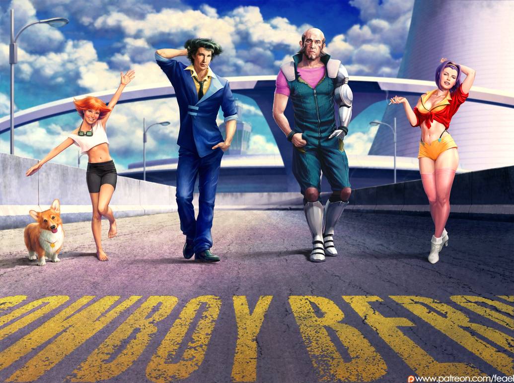 2boys 2girls animal bald beard black_necktie blue_jacket cigarette clouds cloudy_sky cowboy_bebop dog edward_wong_hau_pepelu_tivrusky_iv ein_(cowboy_bebop) english_commentary facial_hair faye_valentine feael full_body goggles goggles_around_neck green_hair hairband jacket jet_black multiple_boys multiple_girls necktie orange_hair prosthesis prosthetic_arm purple_hair realistic short_hair sideburns sky smile spike_spiegel spiky_hair web_address yellow_hairband