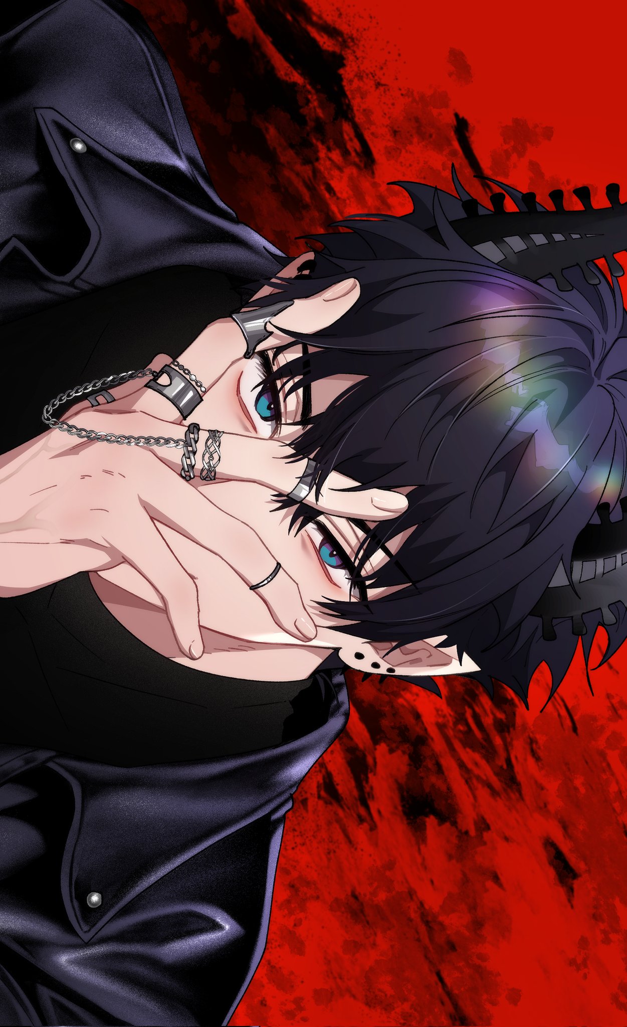 1boy black_background black_hair black_horns black_jacket black_shirt blue_eyes chain collared_jacket commentary covering_face earrings english_commentary hair_between_eyes hand_on_own_face hand_up highres horns jacket jewelry looking_at_viewer male_focus multiple_earrings multiple_rings nijisanji nijisanji_en open_clothes open_jacket pointy_ears red_background ren_zotto ring shirt short_hair sideways simple_background solo turtleneck upper_body v-shaped_eyebrows virtual_youtuber yoy_(0yyoyy0)