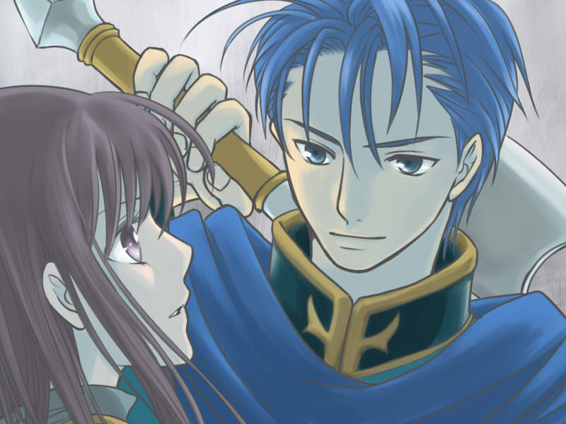 1boy 1girl axe ayra_(fire_emblem) blue_cape blue_hair cape close-up fire_emblem fire_emblem:_genealogy_of_the_holy_war hetero holding holding_axe lex_(fire_emblem) looking_at_another male_focus parted_lips short_hair smile suzu007 violet_eyes
