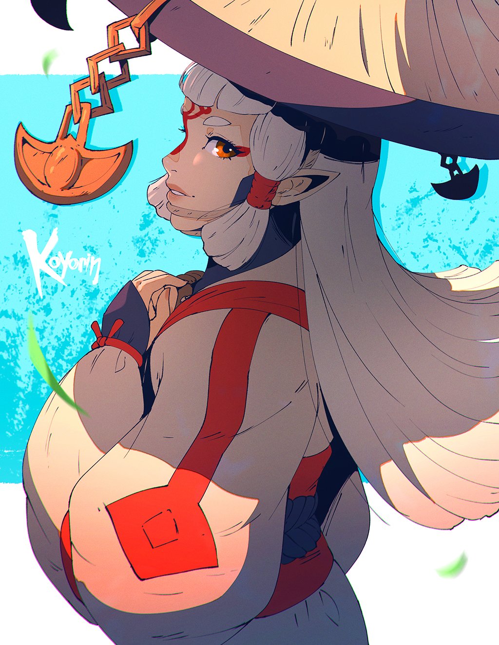 blue_background brown_eyes facepaint falling_leaves hat highres jingasa koyorin leaf long_hair looking_at_viewer looking_back own_hands_together paya_(zelda) pointy_ears sheikah the_legend_of_zelda the_legend_of_zelda:_breath_of_the_wild the_legend_of_zelda:_tears_of_the_kingdom white_hair white_headwear