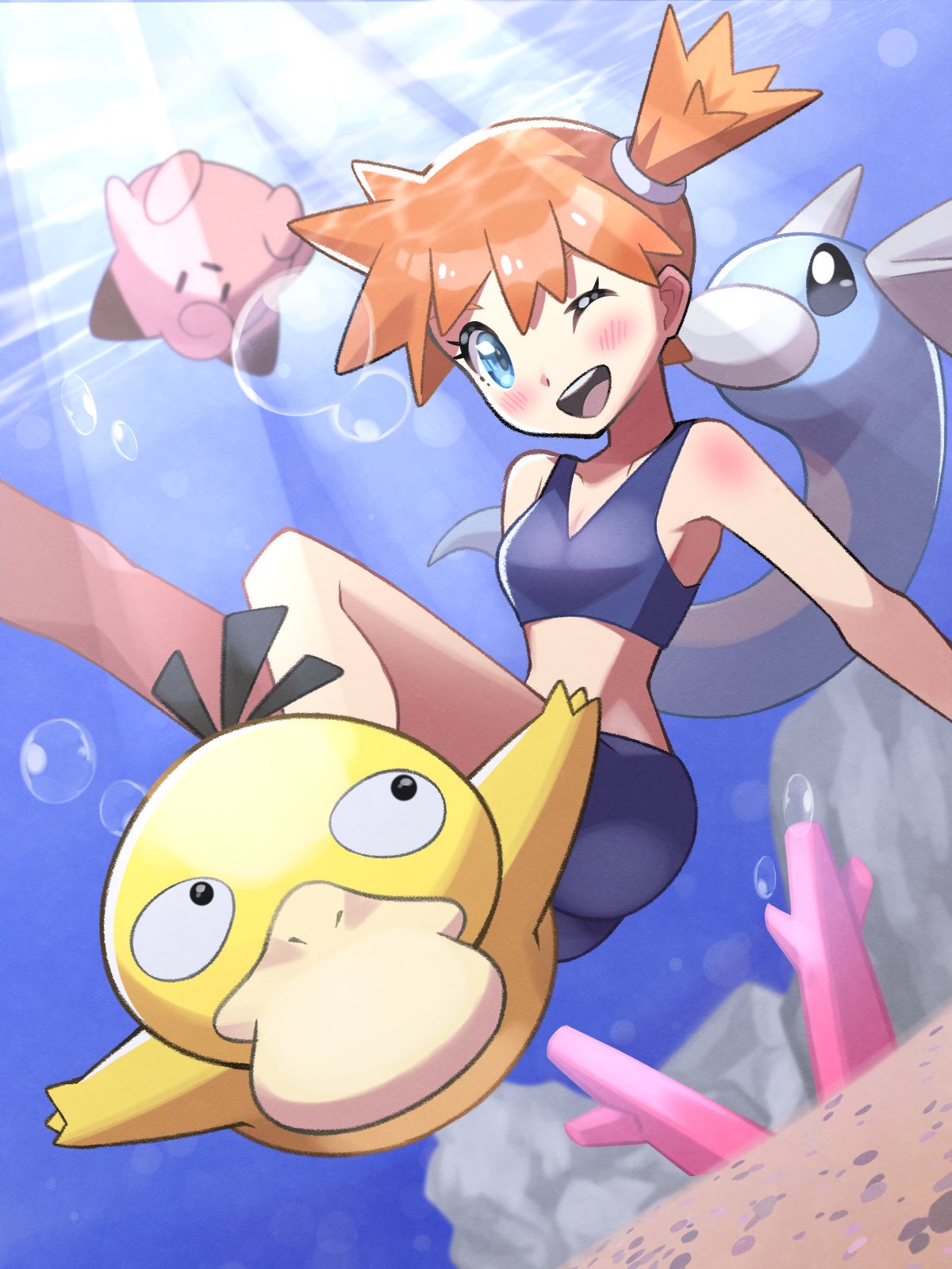 1girl air_bubble alternate_costume armpits asymmetrical_hair bikini bikini_shorts blue_bikini blue_eyes blush breasts bubble character_doll clefairy dragonair eyelashes hair_tie highres inana_umi leg_up legs looking_at_viewer medium_breasts misty_(pokemon) navel one_eye_closed orange_hair pokemon pokemon_(game) pokemon_frlg ponytail psyduck shorts side_ponytail small_breasts sports_bikini sportswear stomach swimsuit teeth thighs underwater upper_teeth_only water wet