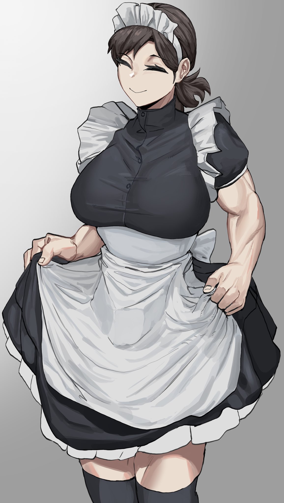 1girl apron brown_hair closed_eyes clothes_lift highres maid maid_apron maid_headdress muscular muscular_female original ponytail short_hair short_sleeves skirt skirt_lift smile solo soolee040995 thick_arms thigh-highs turtleneck