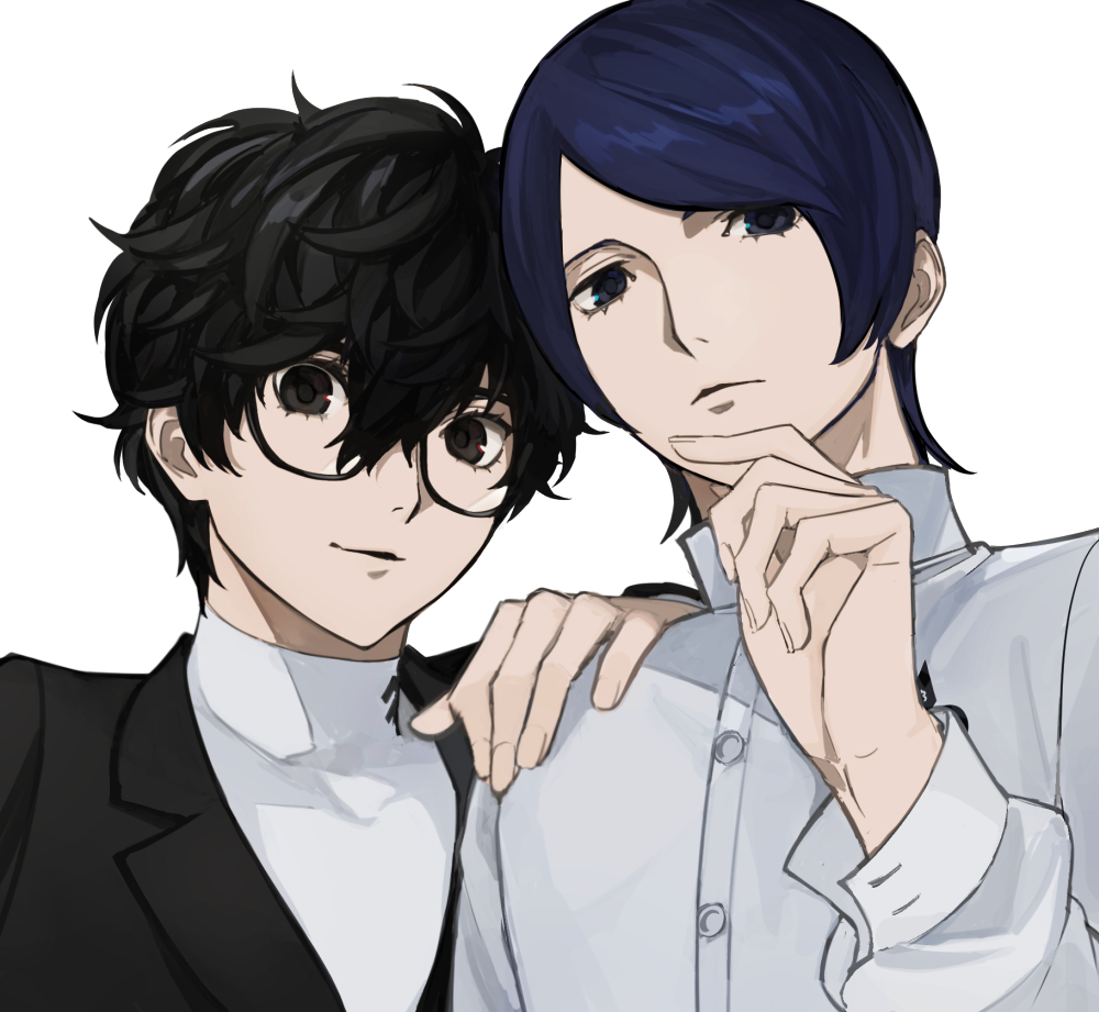 2boys amamiya_ren black_eyes black_hair black_jacket blue_hair buttons closed_mouth glasses hand_on_another's_shoulder jacket kitagawa_yuusuke long_sleeves looking_at_viewer male_focus mudo_on8 multiple_boys persona persona_5 shirt simple_background upper_body white_background white_shirt