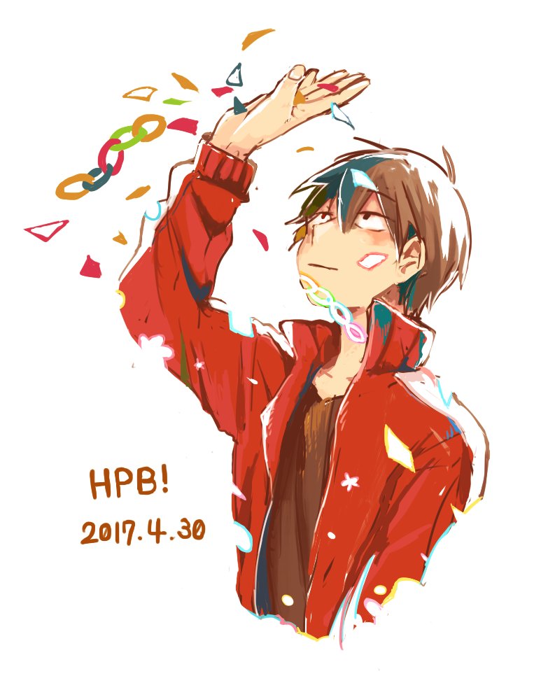 1boy :| arm_up blue_hair brown_hair brown_shirt casual closed_mouth collared_jacket colored_text commentary_request confetti cropped_torso dated double-parted_bangs fingernails flower_(symbol) gradient_background happy_birthday jacket kagerou_project kisaragi_shintarou long_sleeves looking_at_hand looking_up male_focus multicolored_hair paper_chain partial_commentary red_jacket shirt short_hair solo streaked_hair t-shirt track_jacket traditional_media upper_body wastegoma white_background