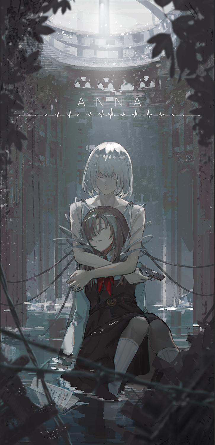 2girls abandoned angelia_(girls'_frontline) barbed_wire bare_shoulders belt blurry blurry_foreground bob_cut book brown_dress brown_hair buckle choppy_bangs closed_eyes closed_mouth collarbone dress facing_viewer full_body girls_frontline gun hair_over_one_eye handgun highres holding holding_gun holding_weapon hug hug_from_behind indoors long_bangs long_hair mai_(xskdizzy) multiple_girls neckerchief overgrown parted_lips partially_submerged plant red_neckerchief rpk-16_(girls'_frontline) ruins short_hair sleeveless sleeveless_dress smile socks teeth tree unconscious vines water weapon white_dress white_hair white_socks